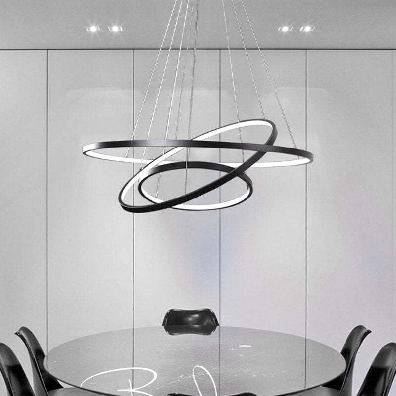 Pendente Toriq, Anel Interno Iluminado, Branco/Preto/Dourado