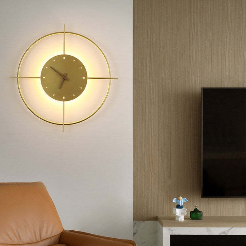 Candeeiro de Parede Redondo Norva Moderno com Relógio, Dourado/Preto