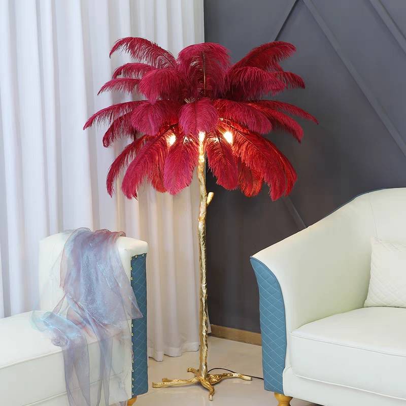 Luminária de Chão/Mesa Salenor Nórdica de Luxo com Penas de Avestruz Únicas