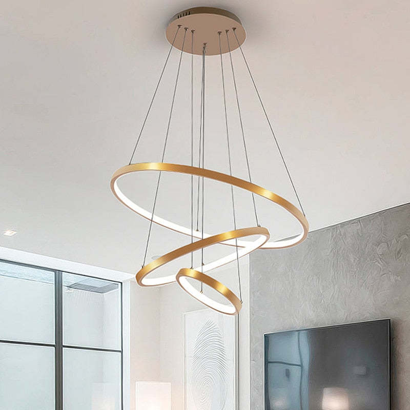 Pendente Toriq, Anel Interno Iluminado, Branco/Preto/Dourado
