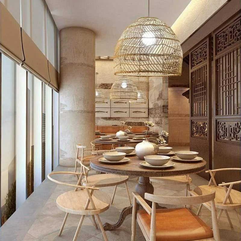 Luminária Pendente Lixi de Bambu e Rattan Feita à Mão