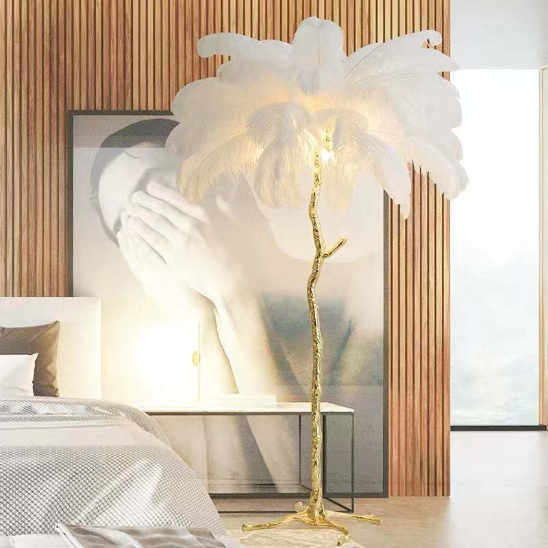 Luminária de Chão/Mesa Salenor Nórdica de Luxo com Penas de Avestruz Únicas