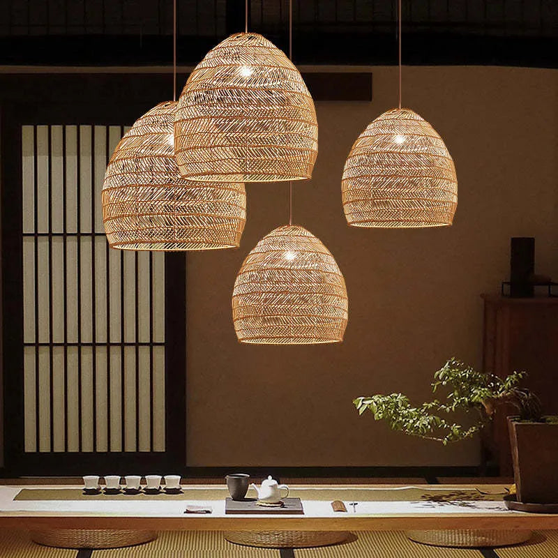 Luminária Pendente Lixi de Bambu e Rattan Feita à Mão
