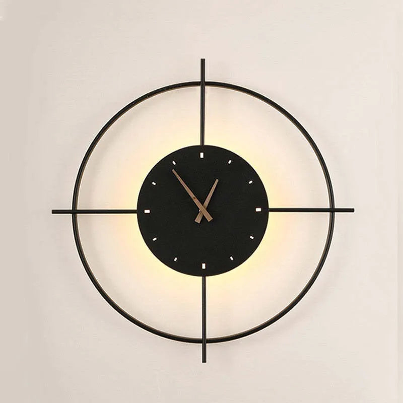 Candeeiro de Parede Redondo Norva Moderno com Relógio, Dourado/Preto